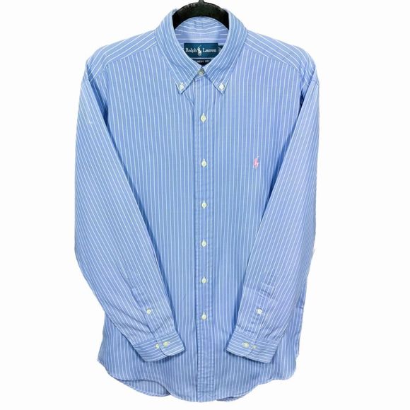 *VINTAGE* RALPH LAUREN Blue w/ White Pinstripes Pink Embroidered Oxford Shirt - Picture 2 of 4